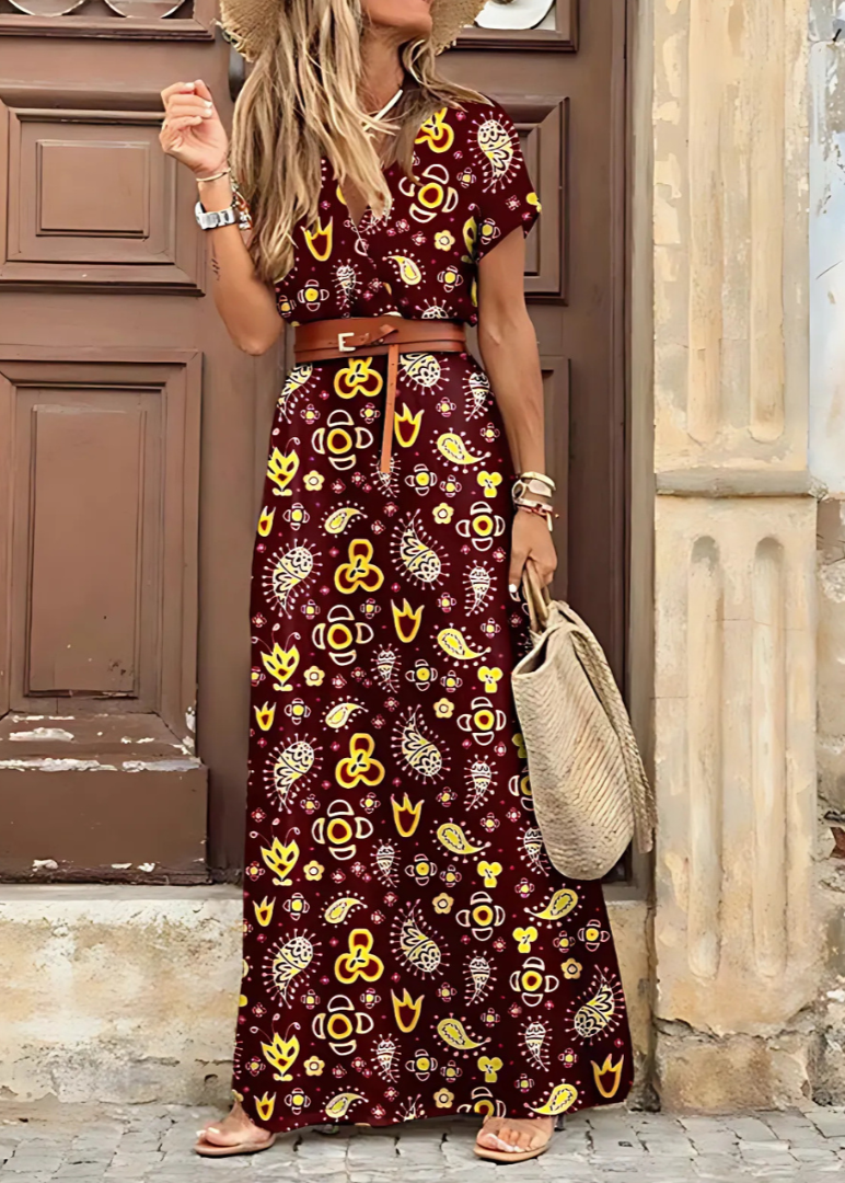 Thalia | Bohemian Long Dress with Pleated Waist