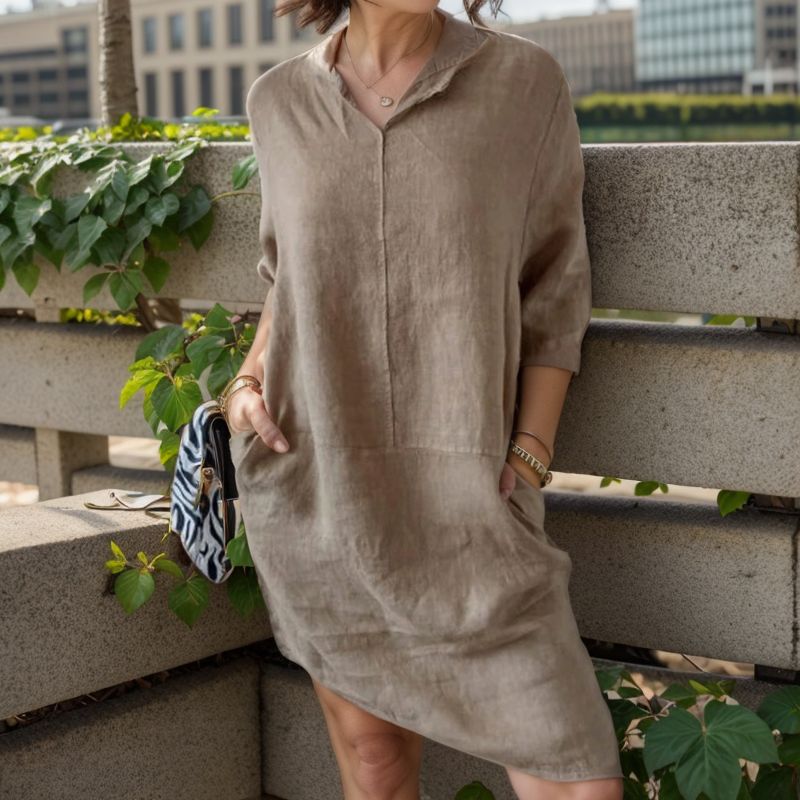 Iluka | Dress in Cotton Linen with Lapel V-Neck