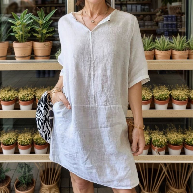Iluka | Dress in Cotton Linen with Lapel V-Neck