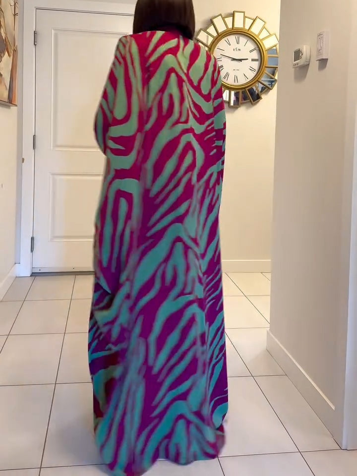 Maxie | Print V-Neck Batwing Sleeve Robe Maxi Dress