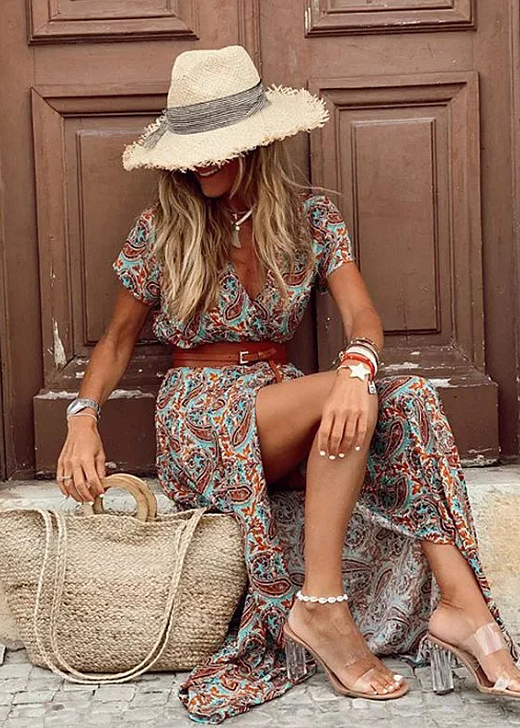 Thalia | Bohemian Long Dress with Pleated Waist