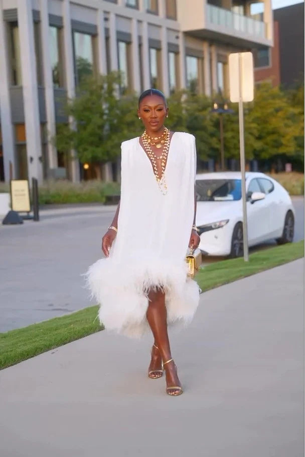 Helena | Elegant White Feather Midi Dress