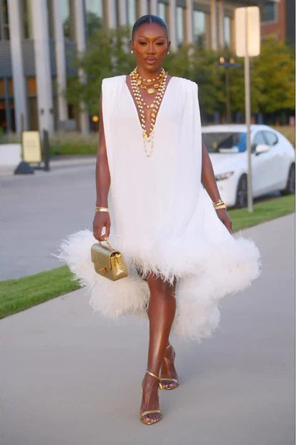 Helena | Elegant White Feather Midi Dress