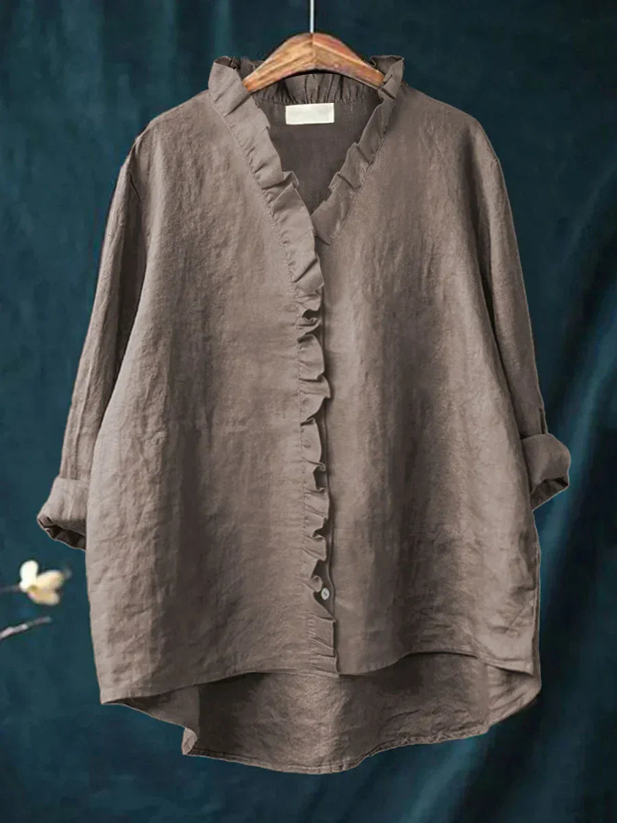 Araluen | Casual Cotton And Linen Ruffle Shirt