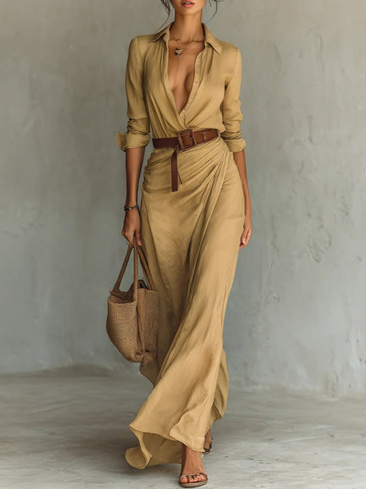 Rachel | Long Belted Dress With Long Sleeves And Lapels