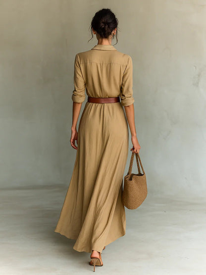 Rachel | Long Belted Dress With Long Sleeves And Lapels