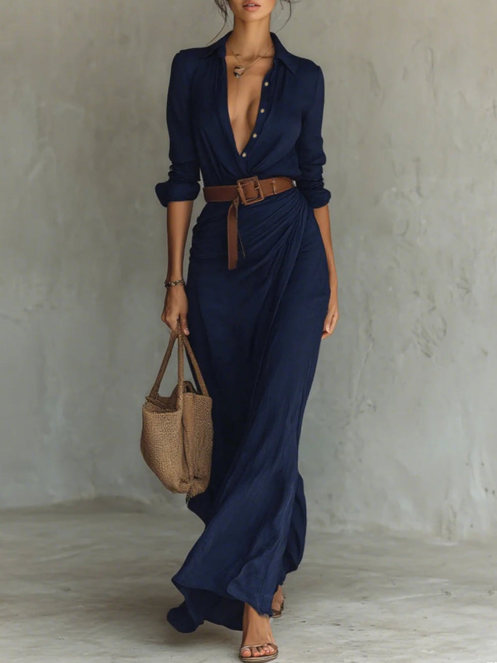 Rachel | Long Belted Dress With Long Sleeves And Lapels