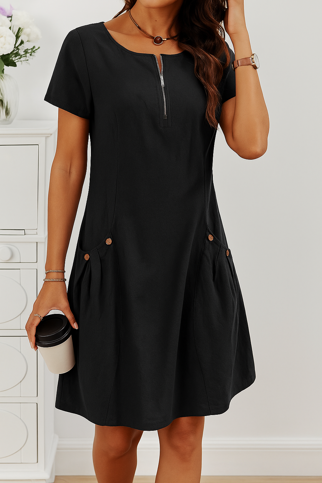 Joan | Elegant Short Sleeve Cotton Dress With Pockets