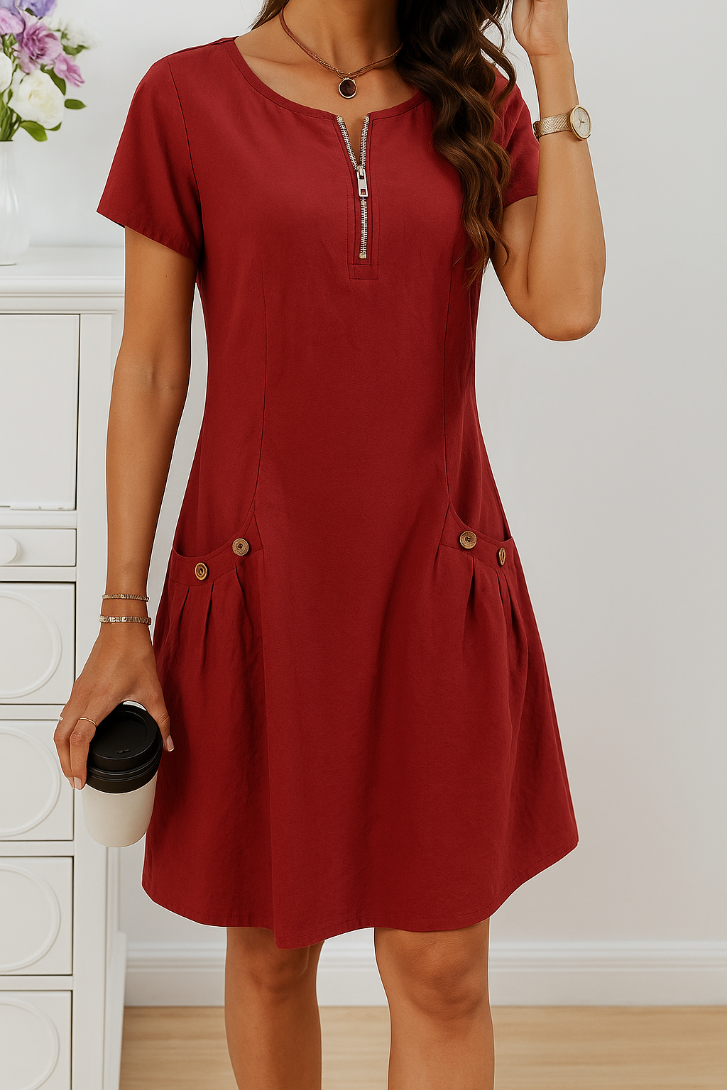 Joan | Elegant Short Sleeve Cotton Dress With Pockets