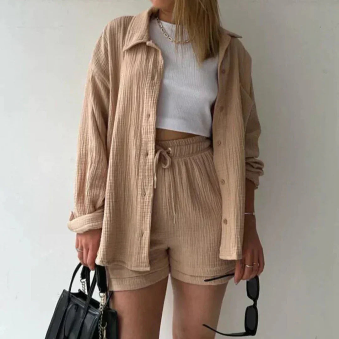 Dianne | Two Piece Cotton Shirt And Shorts Set