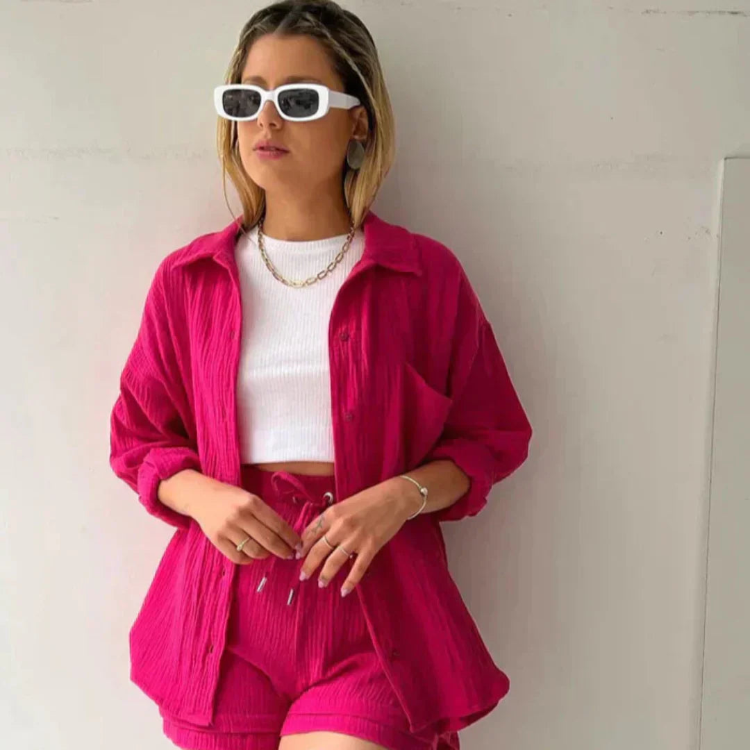 Dianne | Two Piece Cotton Shirt And Shorts Set
