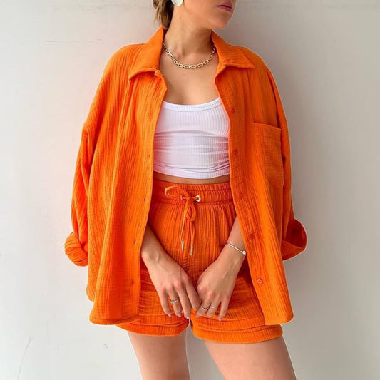 Dianne | Two Piece Cotton Shirt And Shorts Set