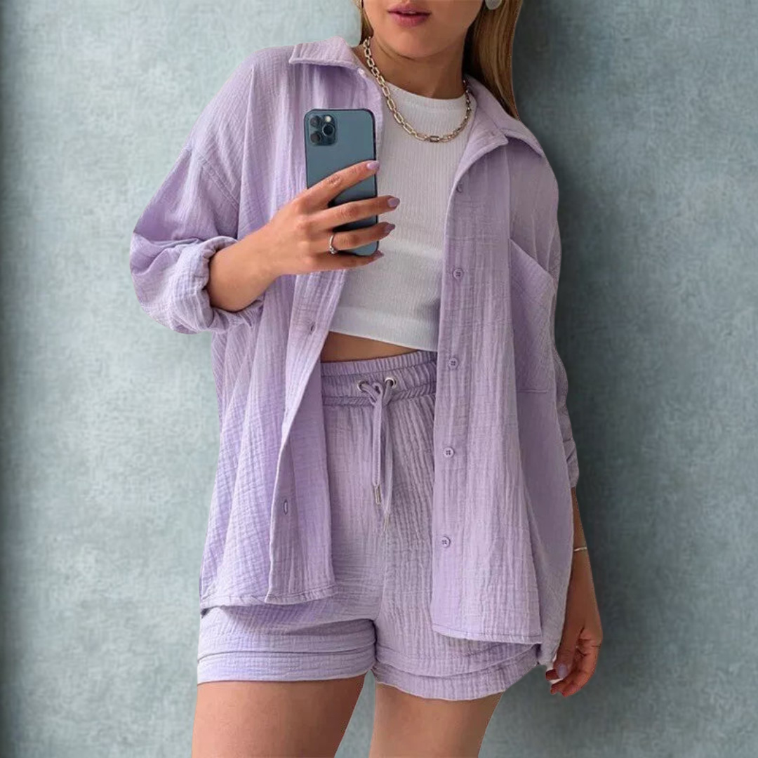 Dianne | Two Piece Cotton Shirt And Shorts Set
