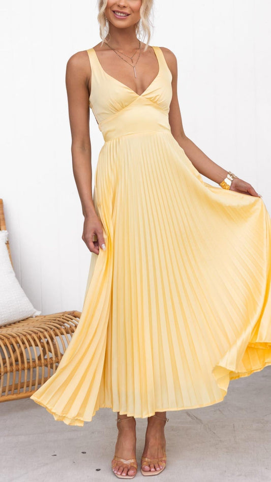 Annie | Yellow Pleated V-Neck Maxi Dress