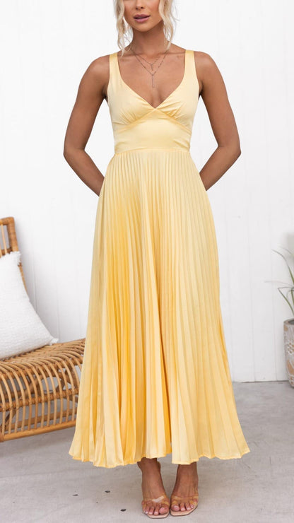 Annie | Yellow Pleated V-Neck Maxi Dress