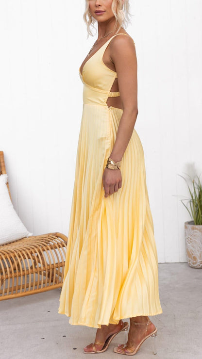 Annie | Yellow Pleated V-Neck Maxi Dress