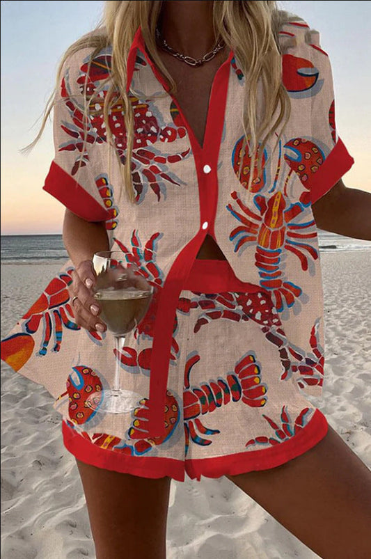 Celeste | Short Linen Set with Lobster Print