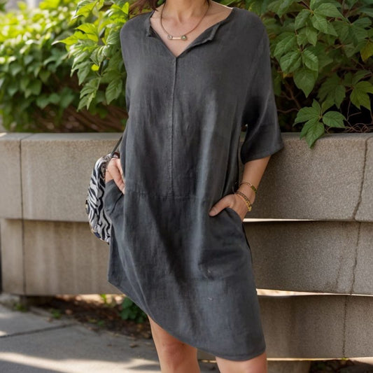 Iluka | Dress in Cotton Linen with Lapel V-Neck