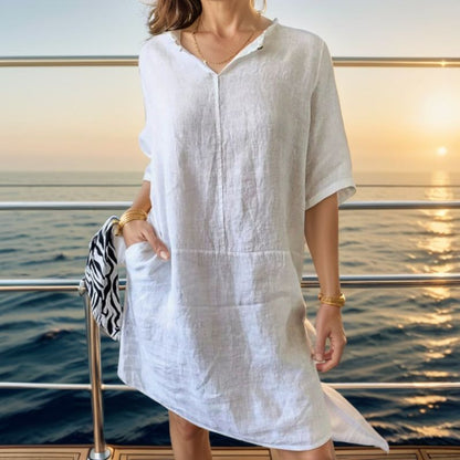 Iluka | Dress in Cotton Linen with Lapel V-Neck