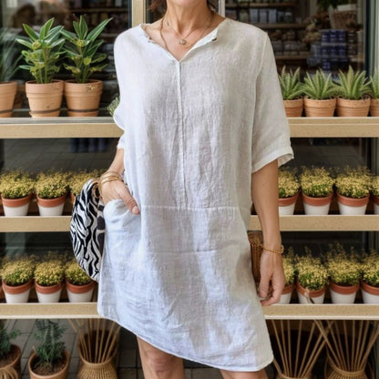 Iluka | Dress in Cotton Linen with Lapel V-Neck