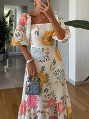 Belinda | Square Neck Floral Print Puff Sleeve Midi Dress