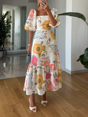 Belinda | Square Neck Floral Print Puff Sleeve Midi Dress