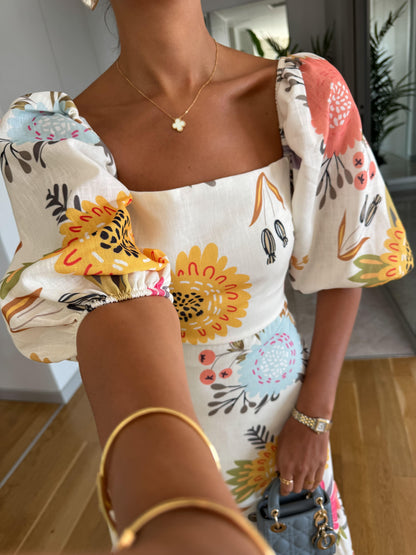 Belinda | Square Neck Floral Print Puff Sleeve Midi Dress