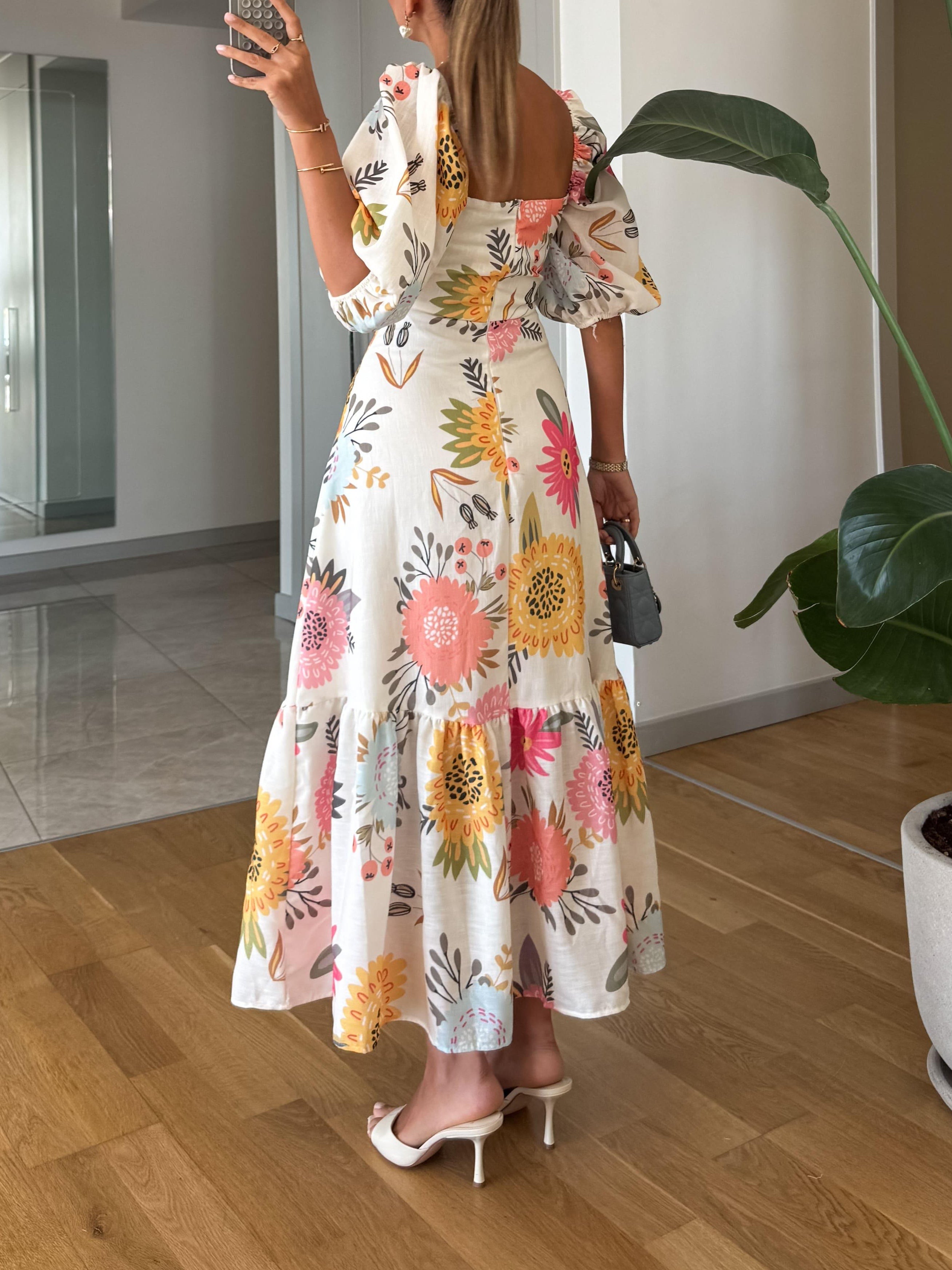Belinda | Square Neck Floral Print Puff Sleeve Midi Dress
