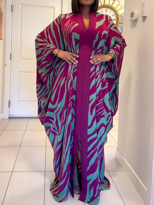Maxie |  Print V-Neck Batwing Sleeve Robe Maxi Dress