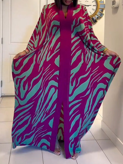 Maxie |  Print V-Neck Batwing Sleeve Robe Maxi Dress