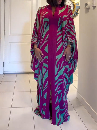 Maxie |  Print V-Neck Batwing Sleeve Robe Maxi Dress