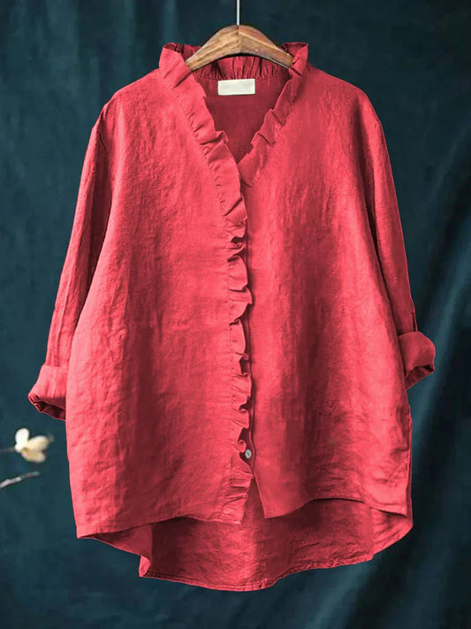 Araluen | Casual Cotton And Linen Ruffle Shirt