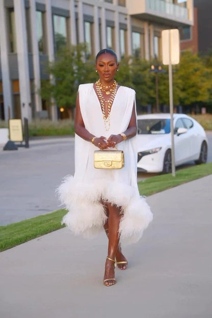 Helena | Elegant White Feather Midi Dress