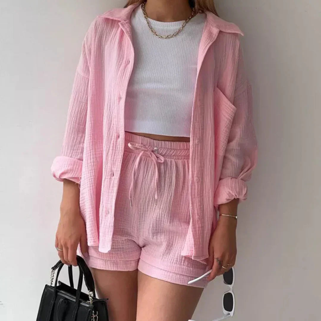 Dianne | Two Piece Cotton Shirt And Shorts Set