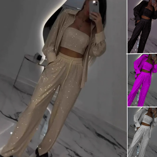 Carina | Women's Sequin Blazer and Wide Leg Pants (3-Piece Set)