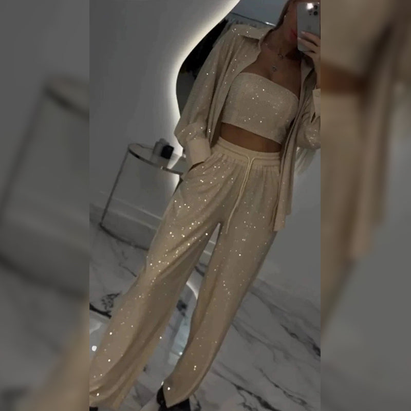 Carina | Women's Sequin Blazer and Wide Leg Pants (3-Piece Set)