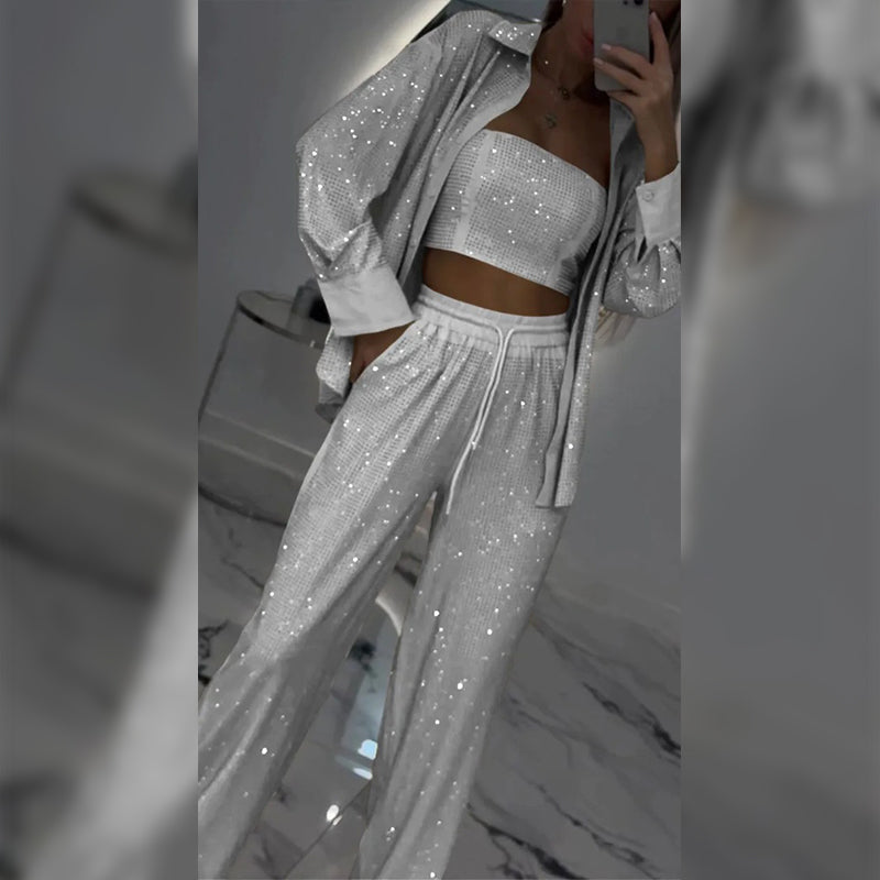 Carina | Women's Sequin Blazer and Wide Leg Pants (3-Piece Set)