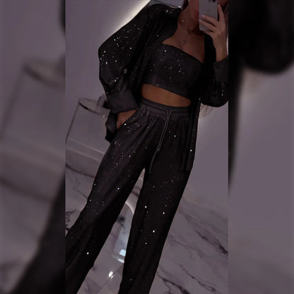 Carina | Women's Sequin Blazer and Wide Leg Pants (3-Piece Set)