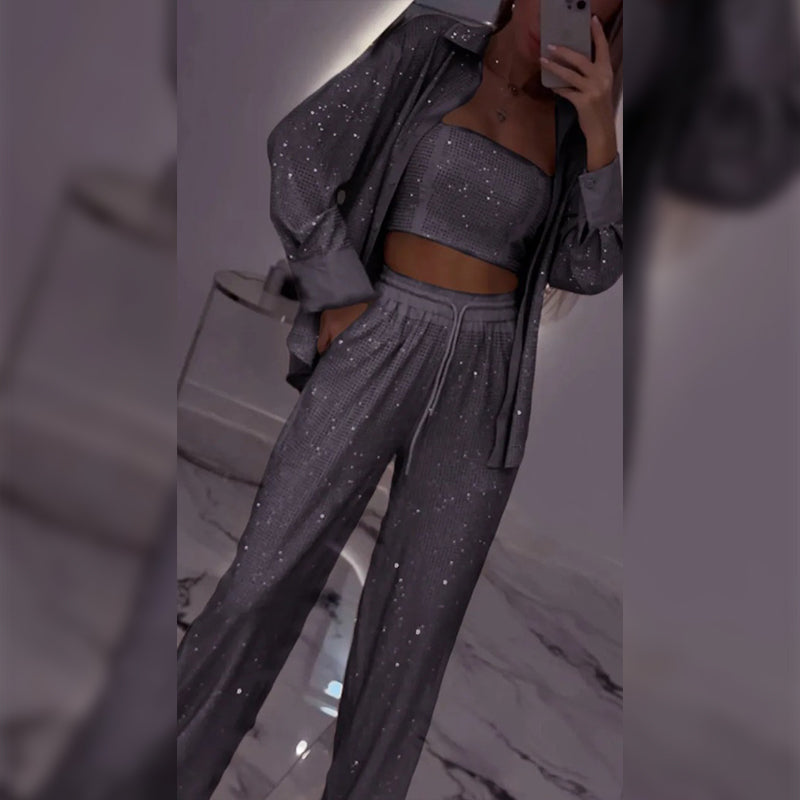 Carina | Women's Sequin Blazer and Wide Leg Pants (3-Piece Set)