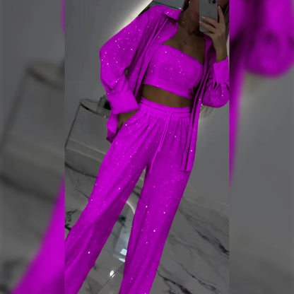 Carina | Women's Sequin Blazer and Wide Leg Pants (3-Piece Set)
