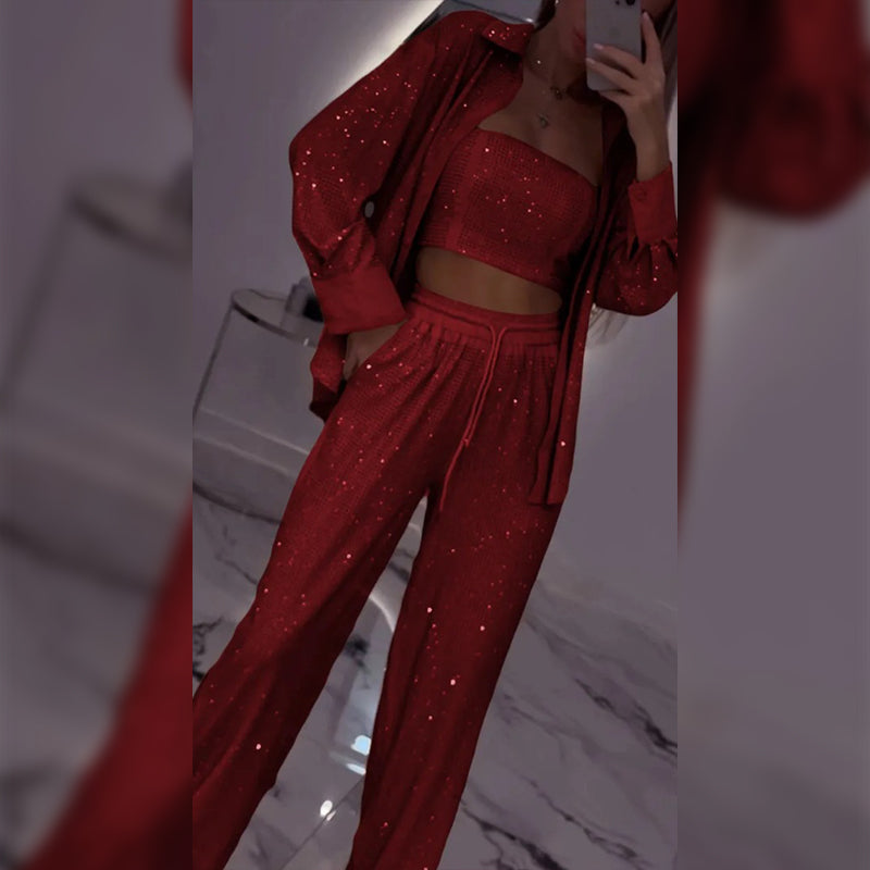 Carina | Women's Sequin Blazer and Wide Leg Pants (3-Piece Set)